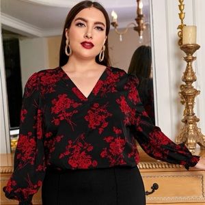 SHEIN 2X Black and Red Floral Shirt